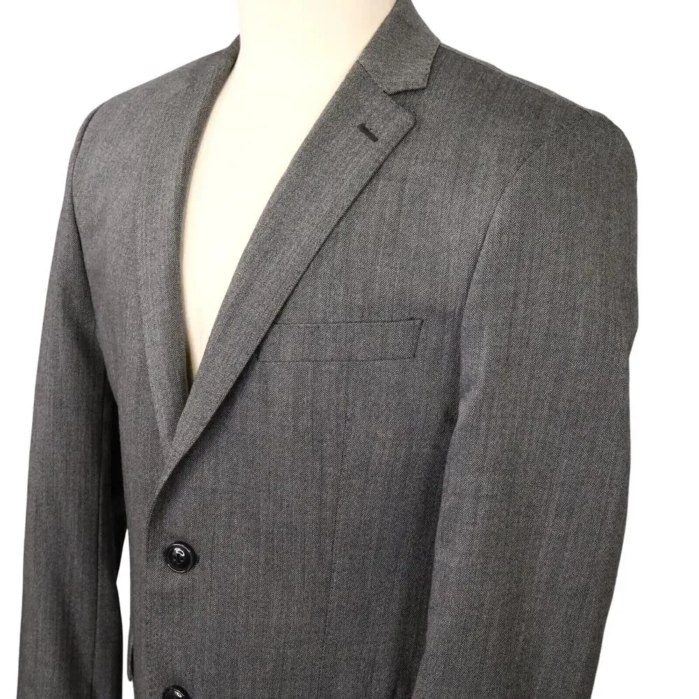 DKNY Sport Coat Mens 42L Gray Wool Herringbone Check Jacket Lined Blazer Career - Picture 9 of 16